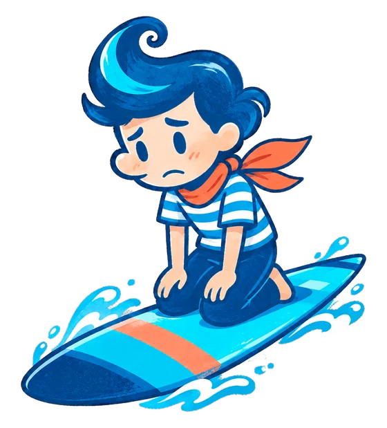 うまく波に乗れず、サーフボードの上でうつむいているノリオくん
